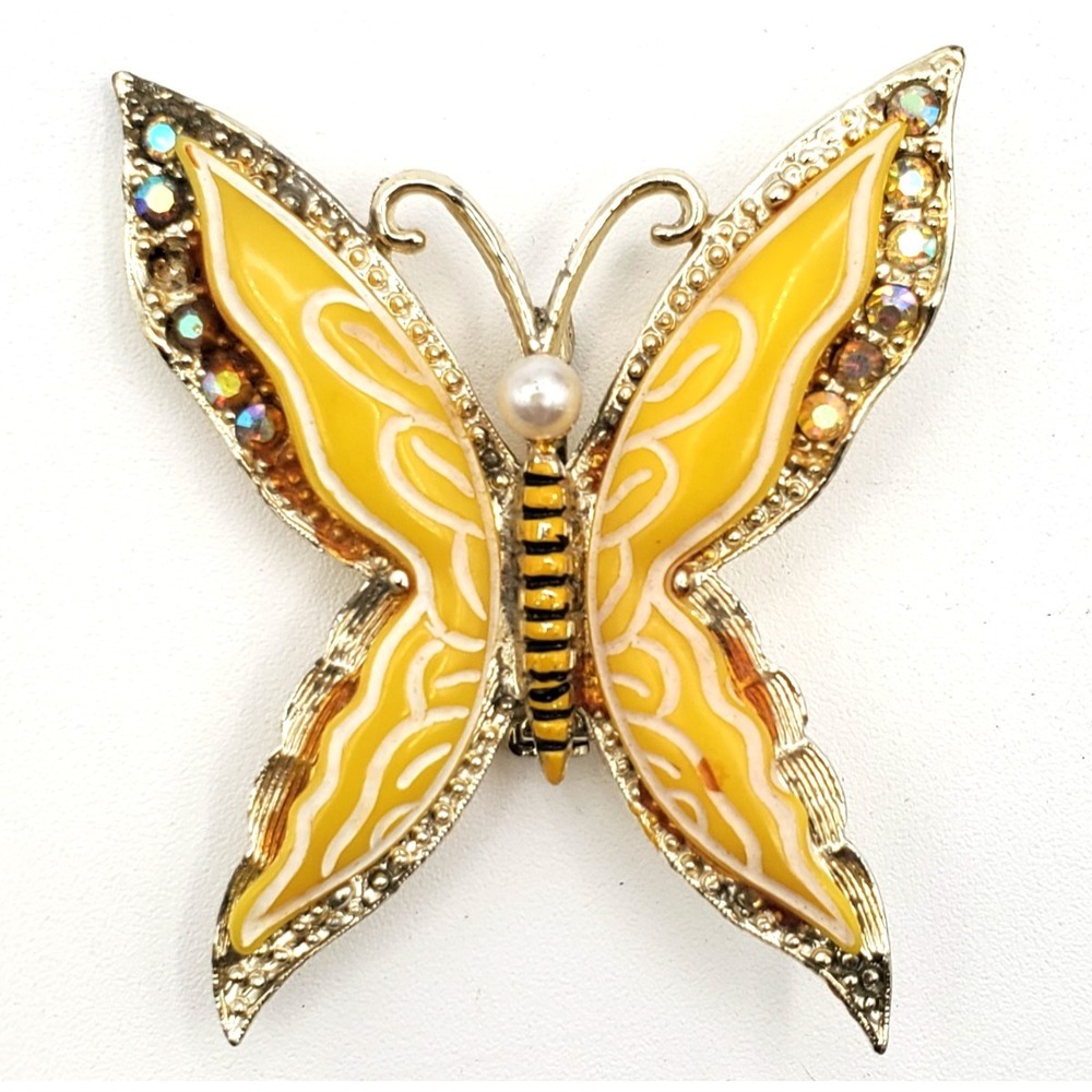 Vintage Yellow Butterfly Brooch Gold Tone‎ AB Rhinestones